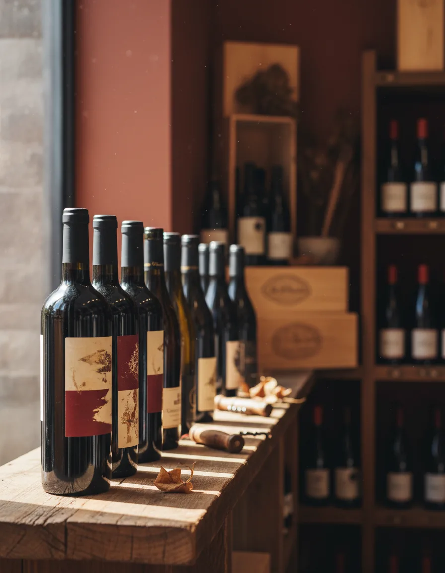 Bottles on the shelf of an independent wine shop