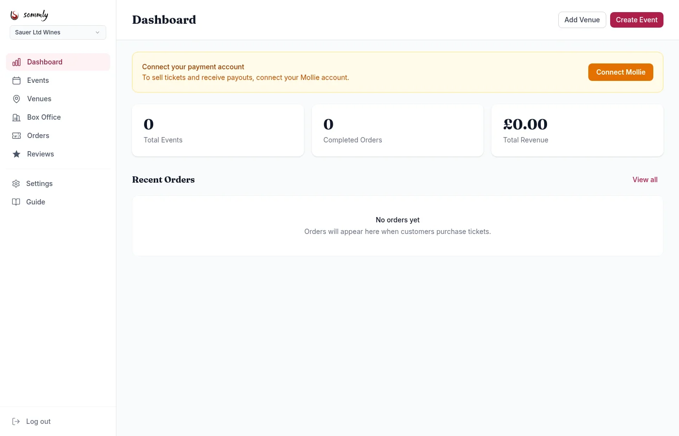 The business dashboard with a sidebar of sections, a banner prompting to connect Mollie, and stats for total events, completed orders, and revenue