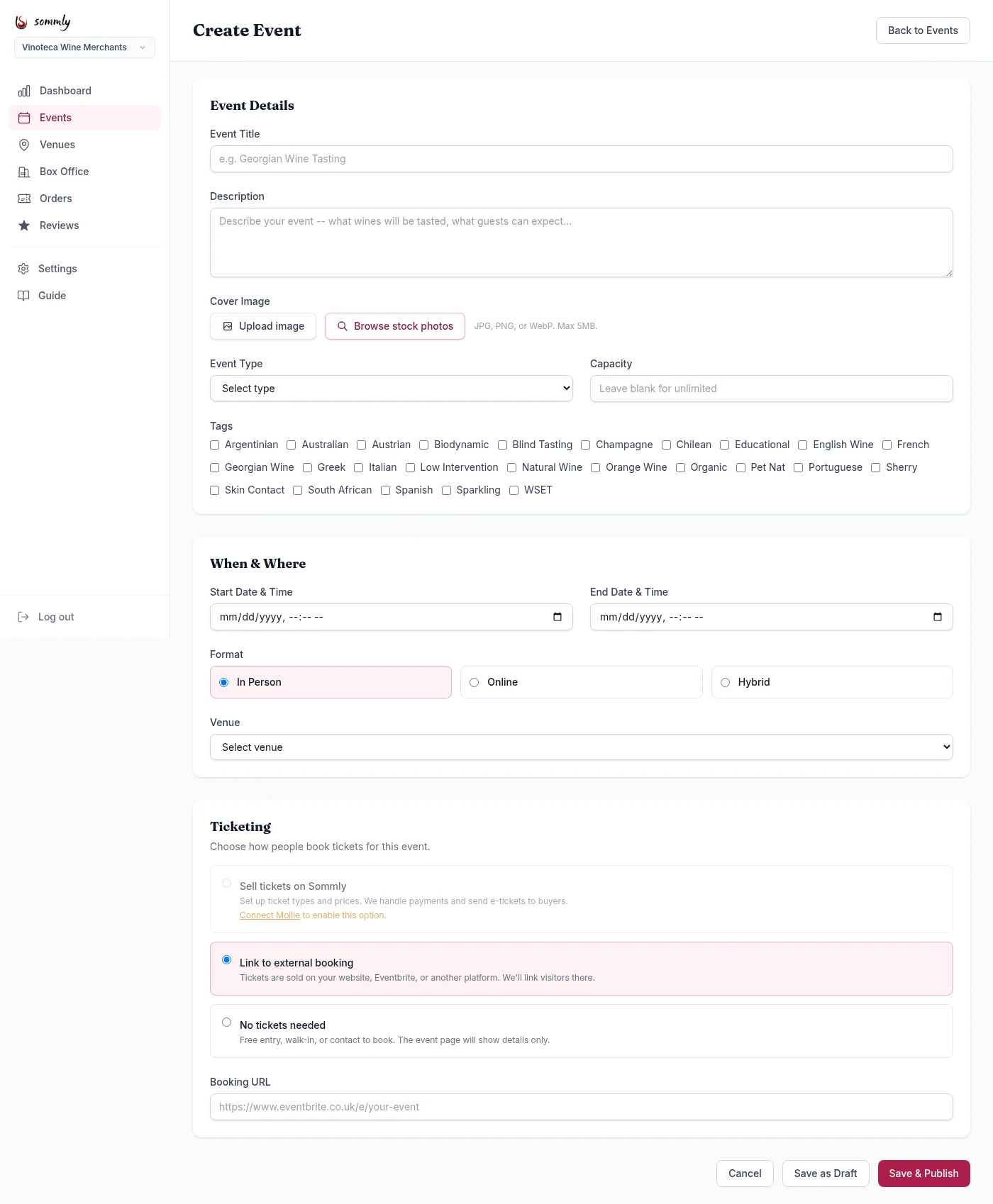 The Create Event form with sections for event details, when & where, and ticketing options
