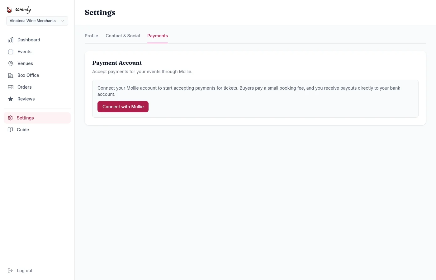 The Settings page on the Payments tab, showing a Payment Account card with a Connect with Mollie button