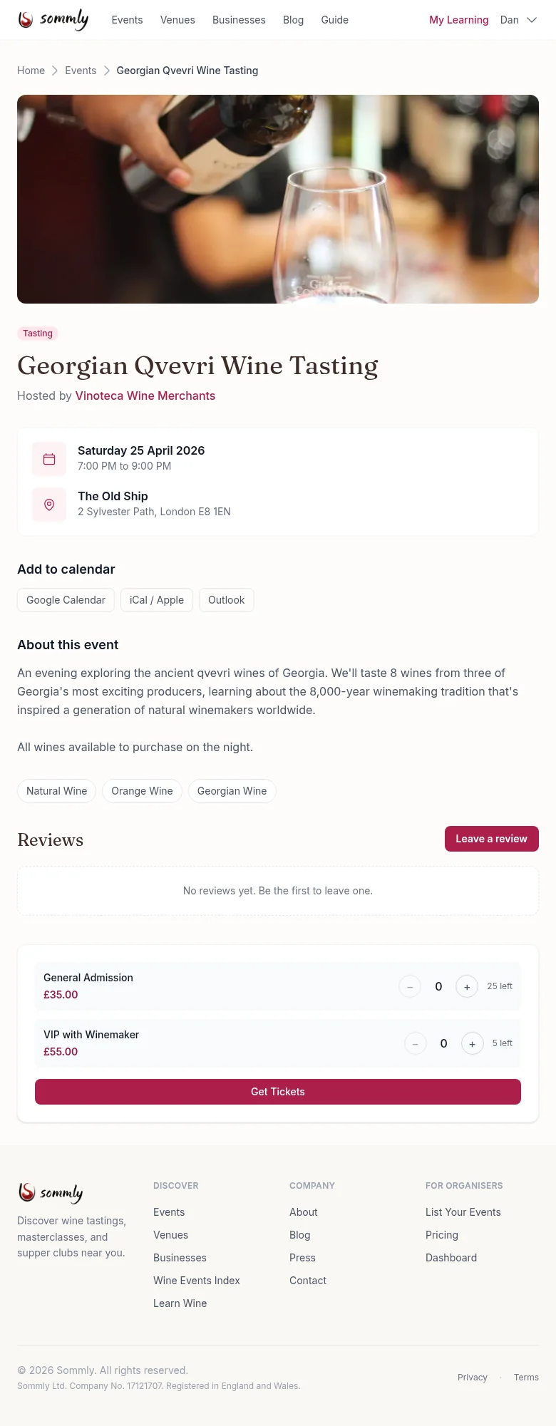 A typical event detail page showing the cover image, date, venue, description, ticket types, and reviews