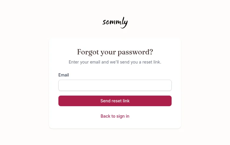 The forgot password page with an email field and a send reset link button