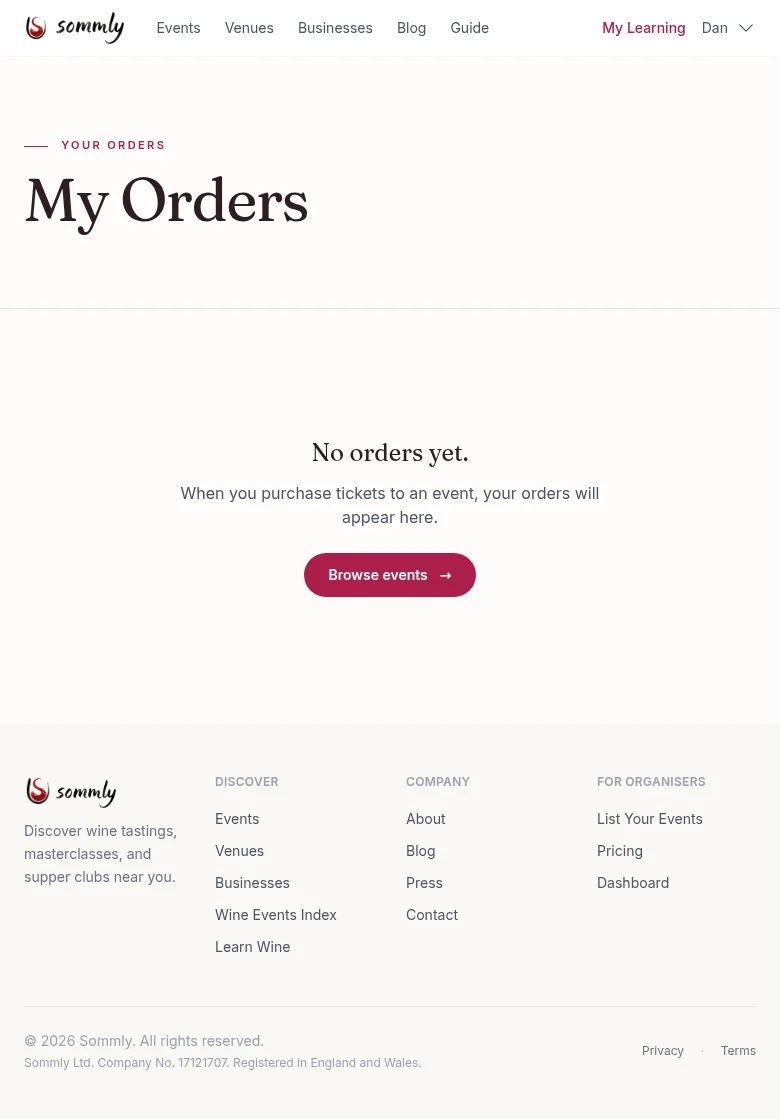 The My Orders page, shown empty with a call-to-action to browse events