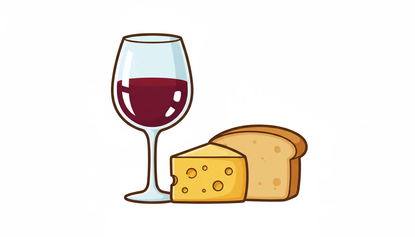 A wine glass beside a wedge of cheese and a slice of bread