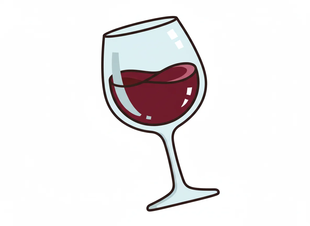 A tilted ISO-style wine glass with red wine swirling inside