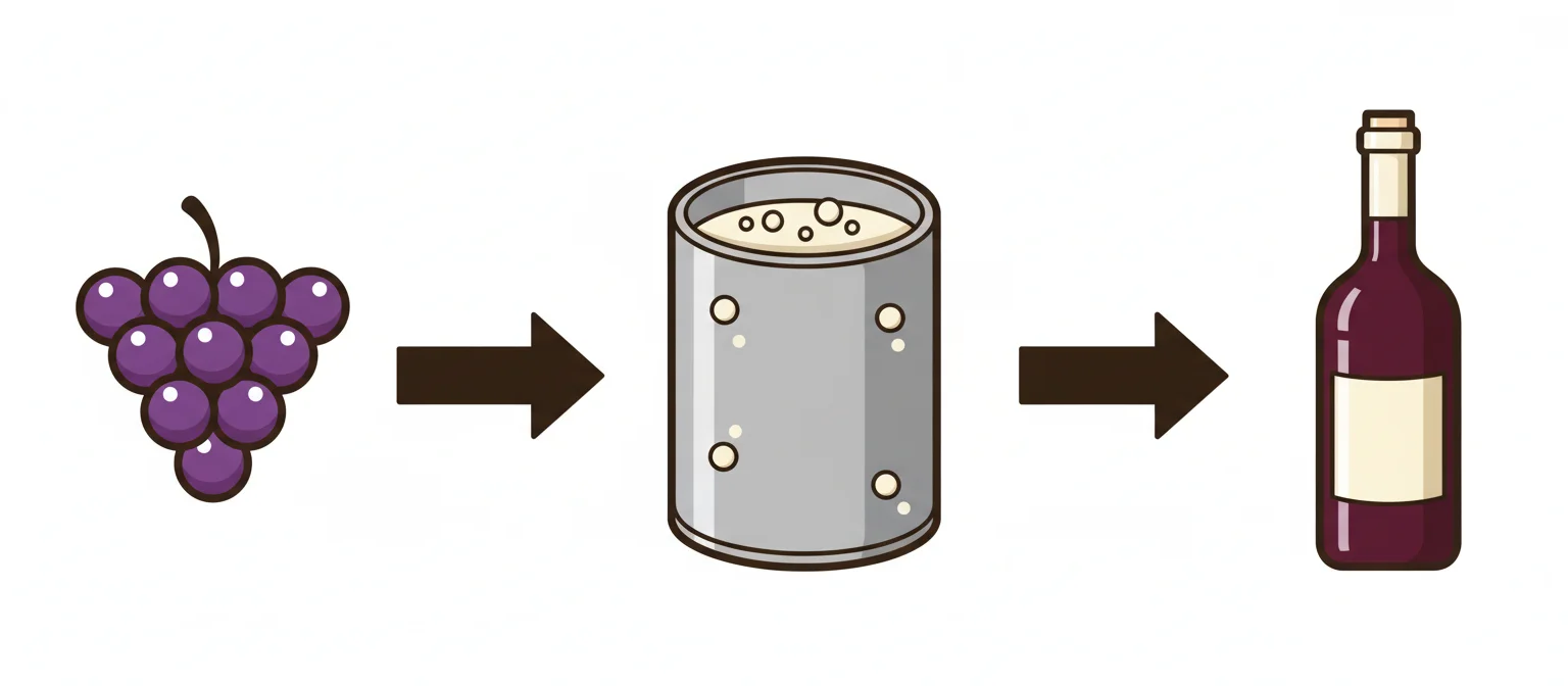 A grape cluster, a press, a fermentation vat, and a bottle in sequence